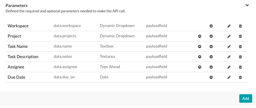 Action Task - API Request Tab - Parameters Section - Sort