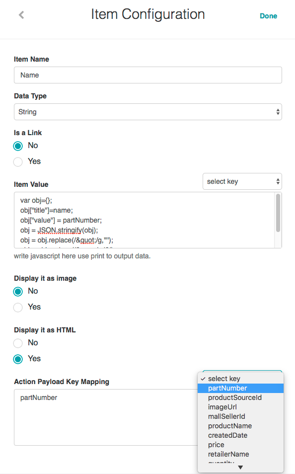 Card Layout with Actions Report - Item Configuration Dialog