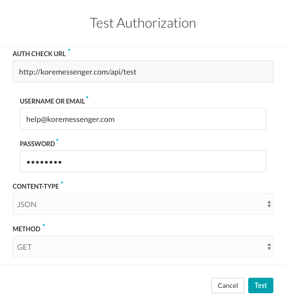 권한 부여 테스트 대화 상자 - OAuth V2 Password Grant